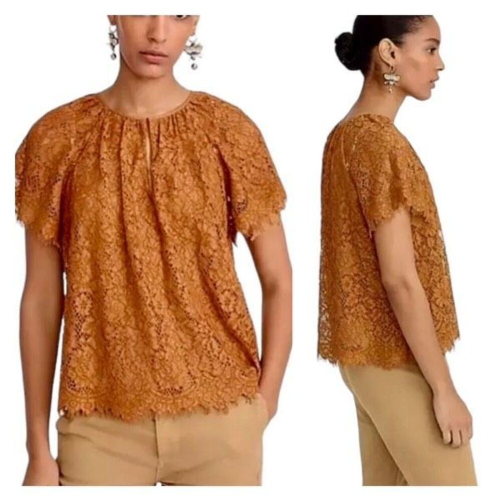 J. Crew Women's Lace Overlay Lined Keyhole Front Top Blouse Burnt‎ Orange Small